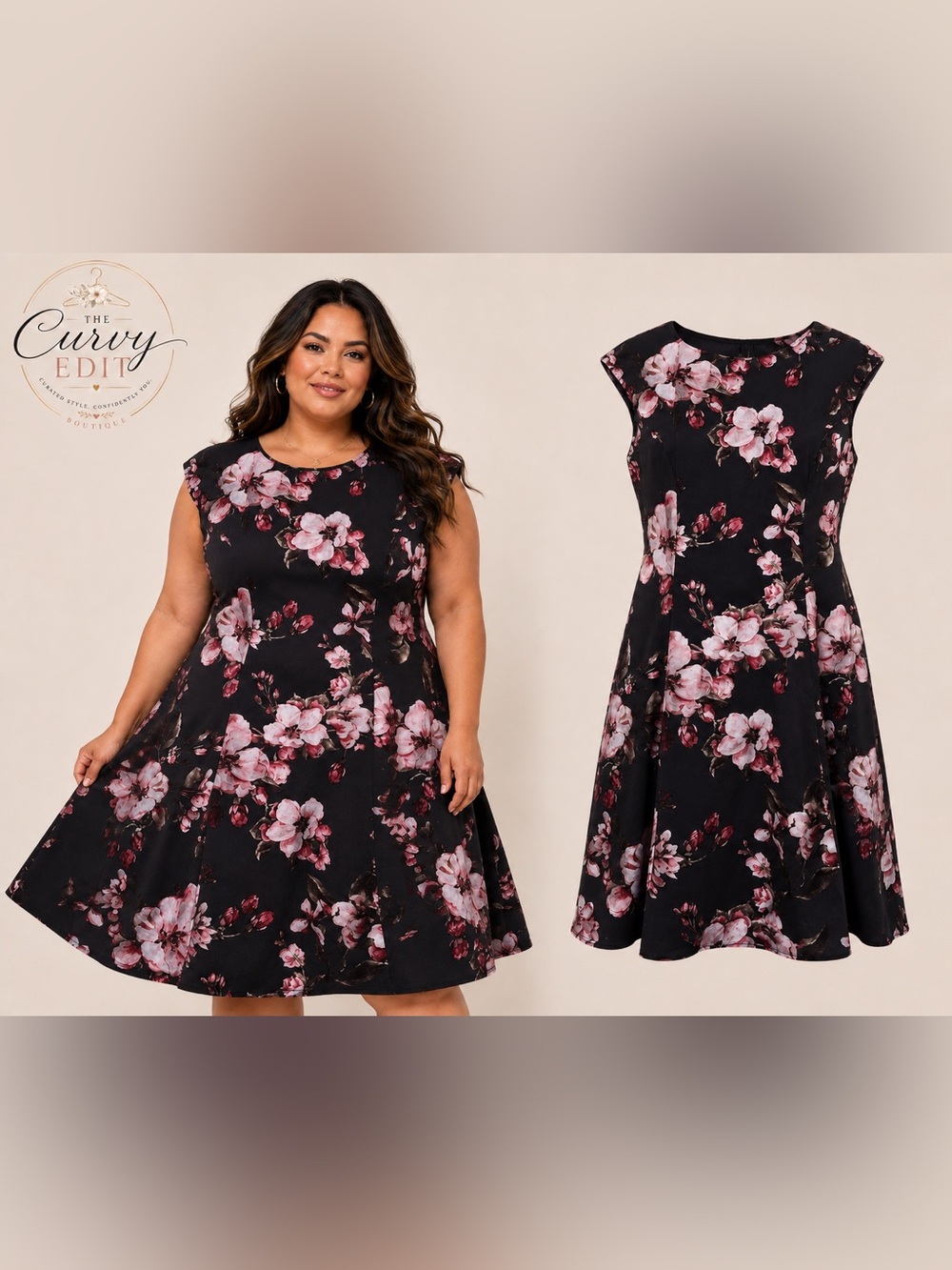 Roz & Ali Size 14 Black Pink Floral Fit & Flare Midi Dress Sleeveless Romantic